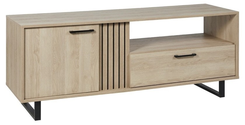 TV-meubel 165cm in lichte eikenkleur met 2 deuren en 1 vak, collectie LOFT. Metalen poten.