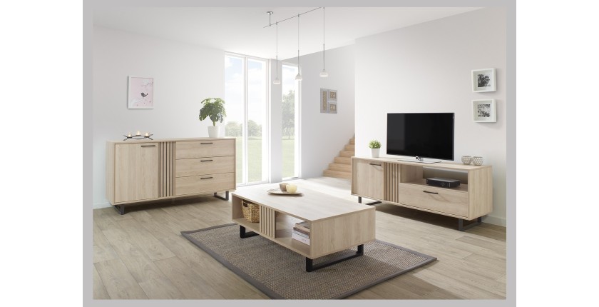 TV-meubel 165cm in lichte eikenkleur met 2 deuren en 1 vak, collectie LOFT. Metalen poten.