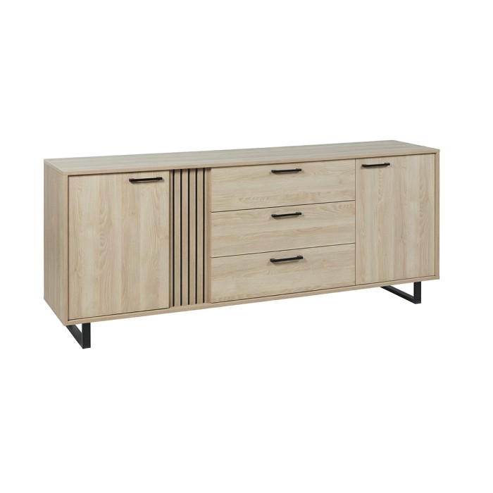 Buffet LOFT 220 cm 2 portes 3 tiroirs chêne clair avec structure en métal