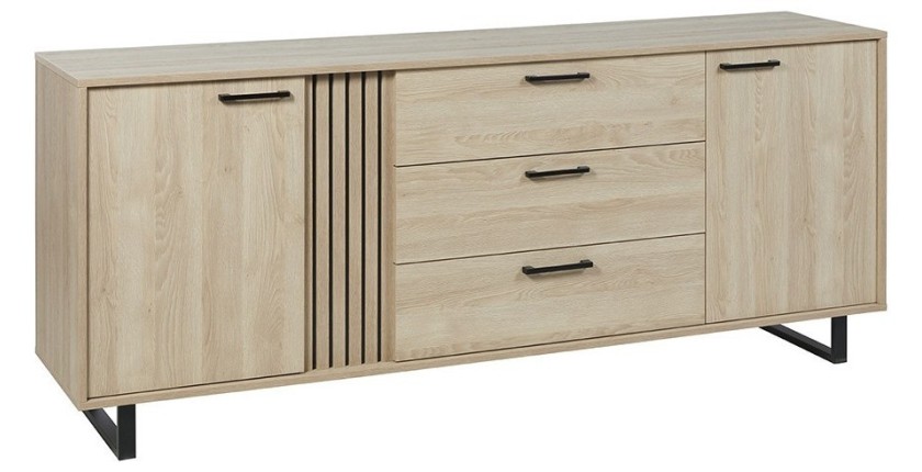 Buffet LOFT 220 cm 2 portes 3 tiroirs chêne clair avec structure en métal