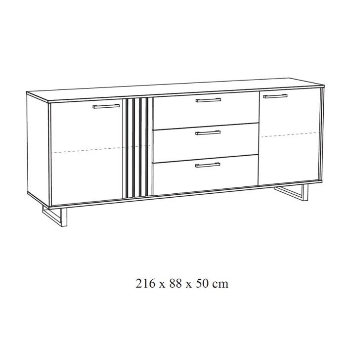Buffet LOFT 220 cm 2 portes 3 tiroirs chêne clair avec structure en métal