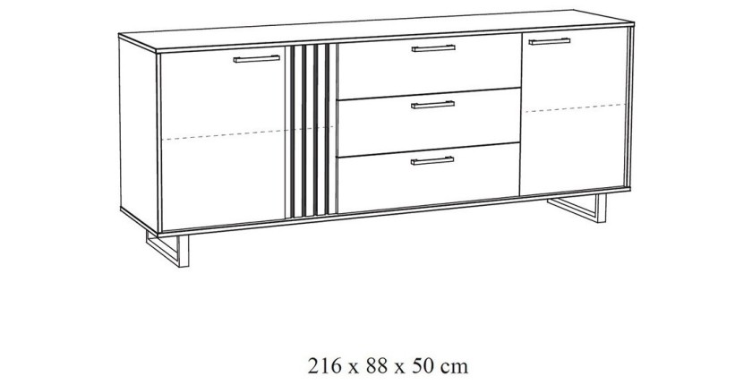 Buffet diseño 220cm con 2 puertas y 3 cajones para salón color roble claro colección LOFT patas de metal