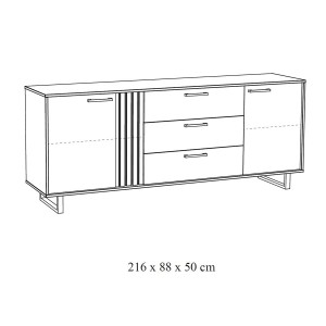 Buffet diseño 220cm con 2 puertas y 3 cajones para salón color roble claro colección LOFT patas de metal