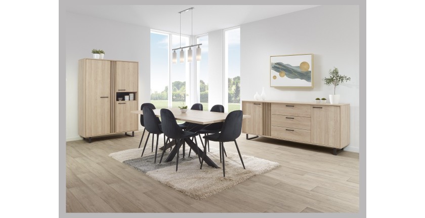 Buffet LOFT 220 cm 2 portes 3 tiroirs chêne clair avec structure en métal