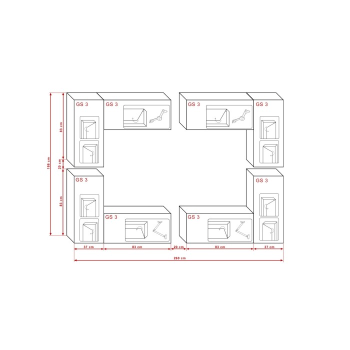 Ensemble de meubles de salon noir suspendus collection CEPTO XX 260cm, 8 meubles, leds, modulables.