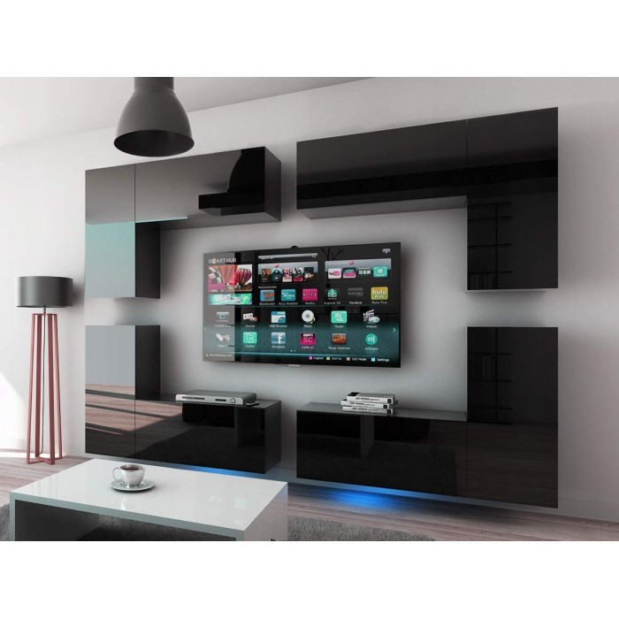 Ensemble de meubles de salon noir suspendus collection CEPTO XX 260cm, 8 meubles, leds, modulables.