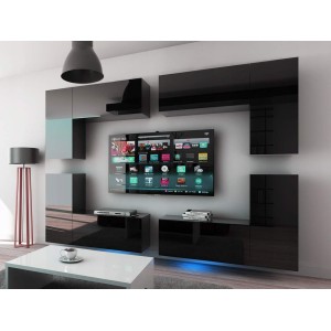 Ensemble de meubles de salon noir suspendus collection CEPTO XX 260cm, 8 meubles, leds, modulables.