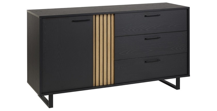 Design buffet 165 cm met deur en 3 laden voor woonkamer, kleur zwart en eiken, LOFT collectie, metalen poten