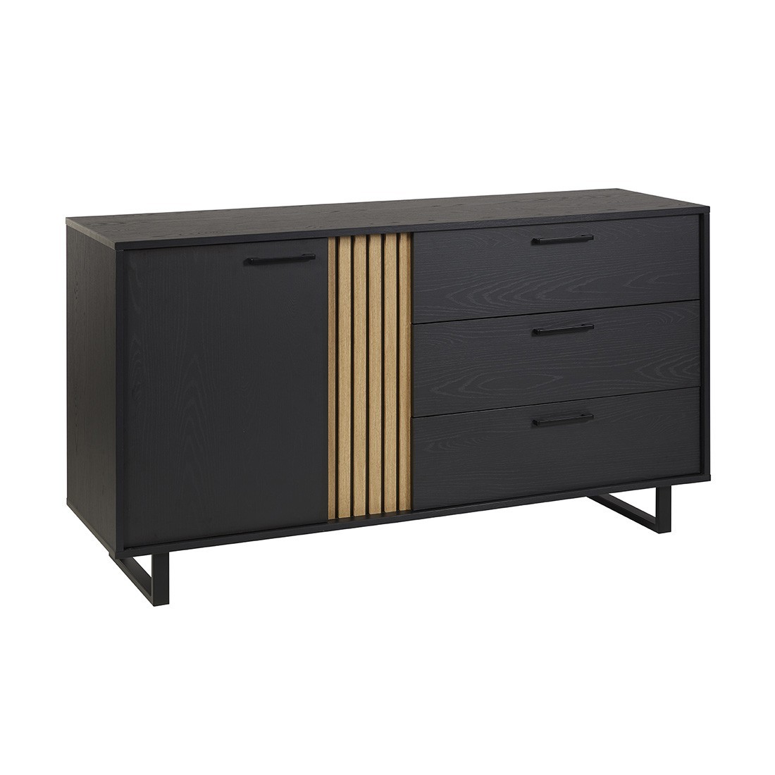 Design buffet 165 cm met deur en 3 laden voor woonkamer, kleur zwart en eiken, LOFT collectie, metalen poten