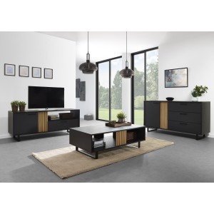Design buffet 165 cm met deur en 3 laden voor woonkamer, kleur zwart en eiken, LOFT collectie, metalen poten