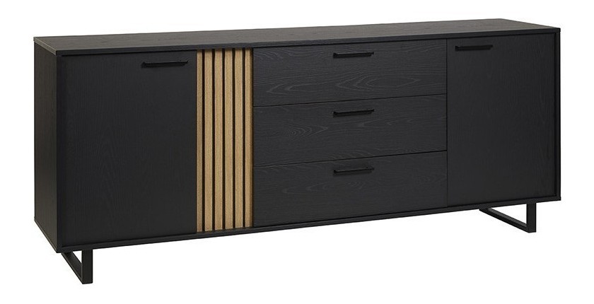 Buffet design 220cm con 2 porte e 3 cassetti per soggiorno colore nero e rovere collezione LOFT con piedi in metallo.