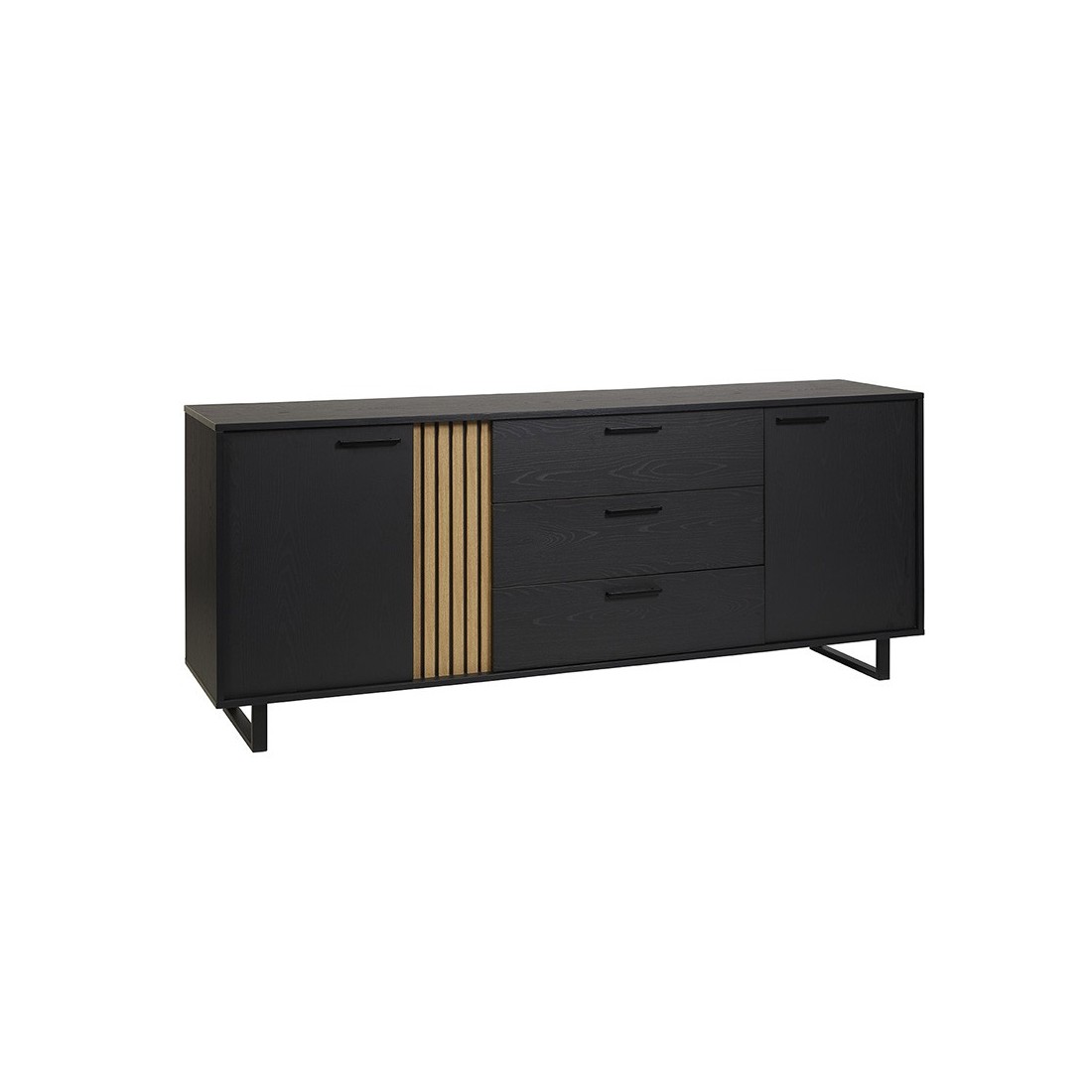 Buffet design 220cm con 2 porte e 3 cassetti per soggiorno colore nero e rovere collezione LOFT con piedi in metallo.