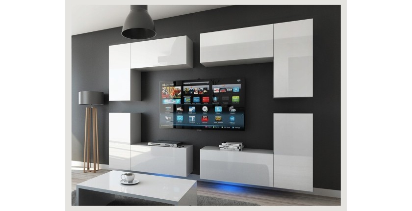 Ensemble de meubles de salon blanc suspendus collection CEPTO XX 276cm, 8 meubles, leds, modulables.