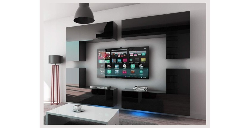 Ensemble de meubles de salon noir suspendus collection CEPTO XX 276cm, 8 meubles, leds, modulables.