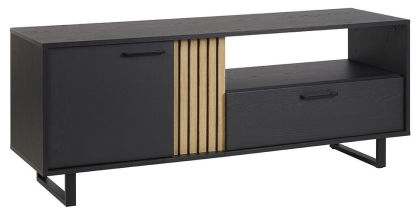 Meuble TV 165cm coloris noir et chêne avec 2 portes et 1 niche collection LOFT. Pieds en métal