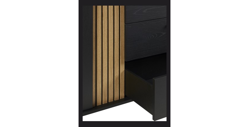 Meuble TV 165cm coloris noir et chêne avec 2 portes et 1 niche collection LOFT. Pieds en métal