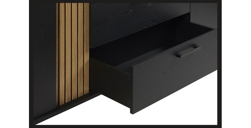 Meuble TV 165cm coloris noir et chêne avec 2 portes et 1 niche collection LOFT. Pieds en métal