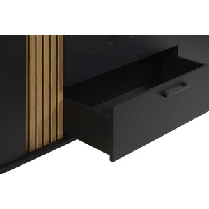 Meuble TV 165cm coloris noir et chêne avec 2 portes et 1 niche collection LOFT. Pieds en métal