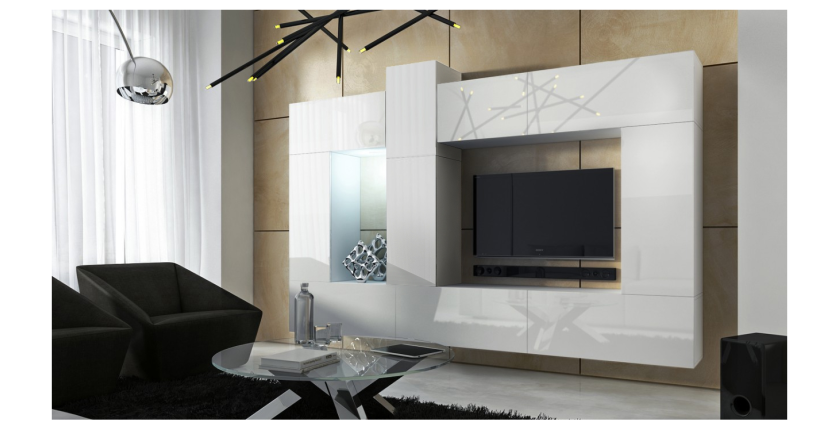 Ensemble de meubles de salon blanc suspendus collection CEPTO XXII. 273cm, 10 meubles, leds, modulables.