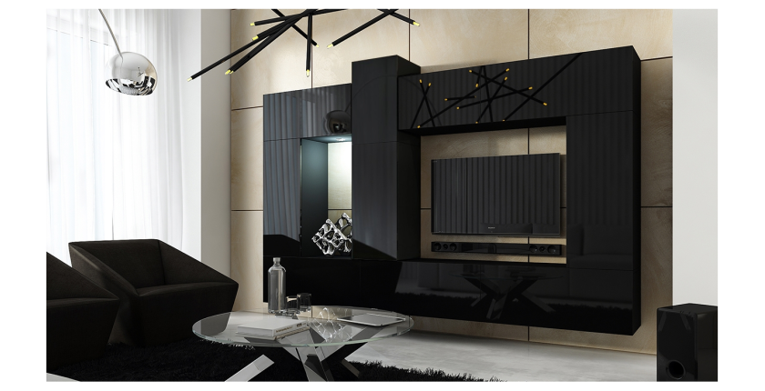 Ensemble de meubles de salon noir suspendus collection CEPTO XXII. 273cm, 10 meubles, leds, modulables.