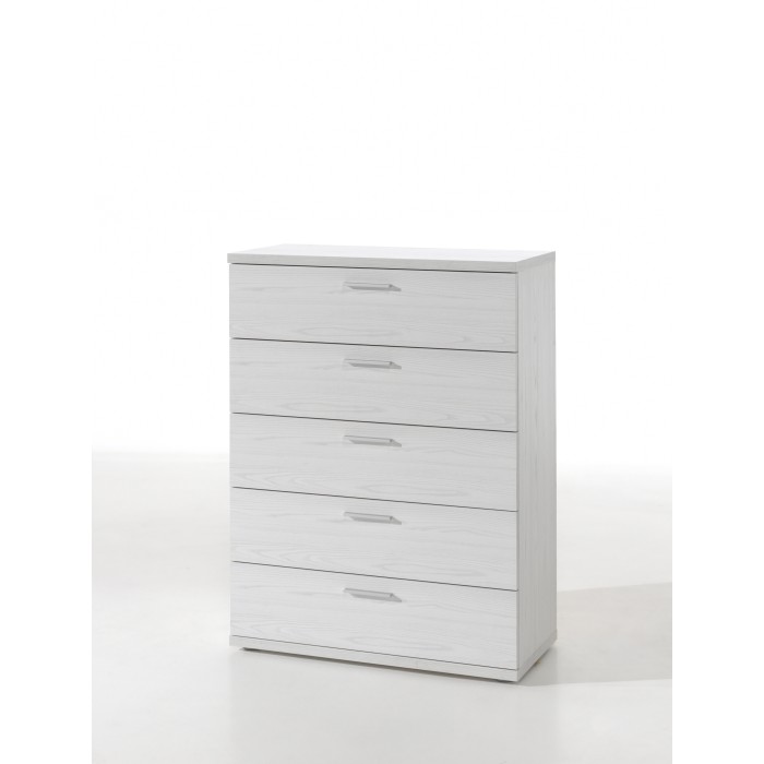 Chambre à coucher adulte collection OLVENA : Armoire 200cm, Lit 140x200, commode, chevets. Couleur blanc effet bois.