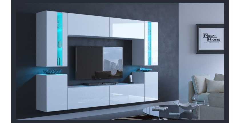 Ensemble de meubles de salon blanc suspendus collection CEPTO XXIV. 240cm, 8 meubles, leds, modulables.