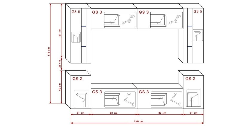 Ensemble de meubles de salon blanc suspendus collection CEPTO XXIV. 240cm, 8 meubles, leds, modulables.