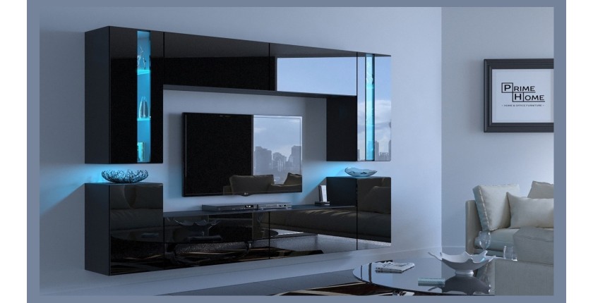 Ensemble de meubles de salon noir suspendus collection CEPTO XXIV. 256cm, 8 meubles, leds, modulables.