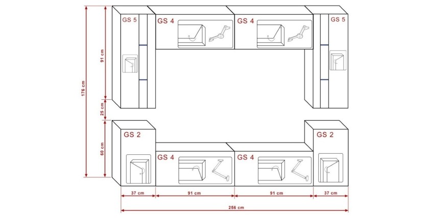 Ensemble de meubles de salon noir suspendus collection CEPTO XXIV. 256cm, 8 meubles, leds, modulables.
