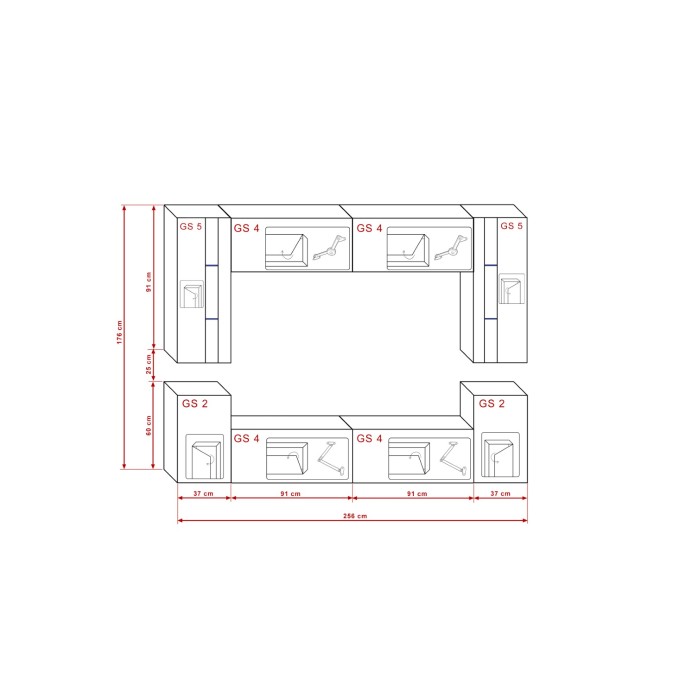 Ensemble de meubles de salon blanc suspendus collection CEPTO XXIV. 256cm, 8 meubles, leds, modulables.