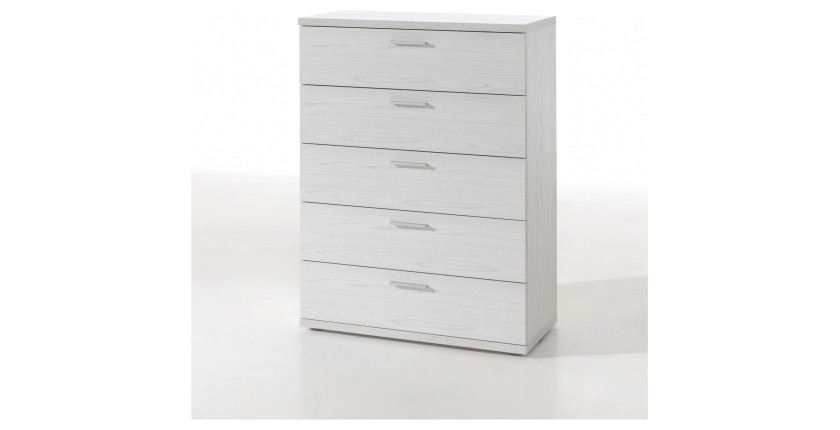 Chambre adulte collection OLGA : armoire 200 cm, lit 160x200, commode, chevets, blanc effet bois