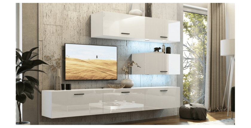 Ensemble de meubles de salon blanc suspendus collection CEPTO XXV. 249cm, 6 meubles, leds, modulables.