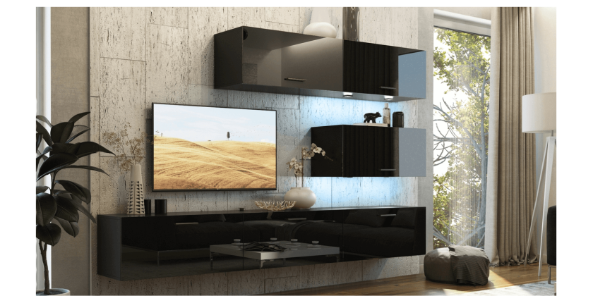 Ensemble de meubles de salon noir, suspendus collection CEPTO XXV. 249cm, 6 meubles, leds, modulables.