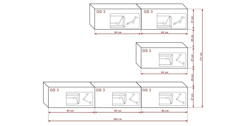 Ensemble de meubles de salon blanc et noir, suspendus collection CEPTO XXV. 249cm, 6 meubles, leds, modulables.