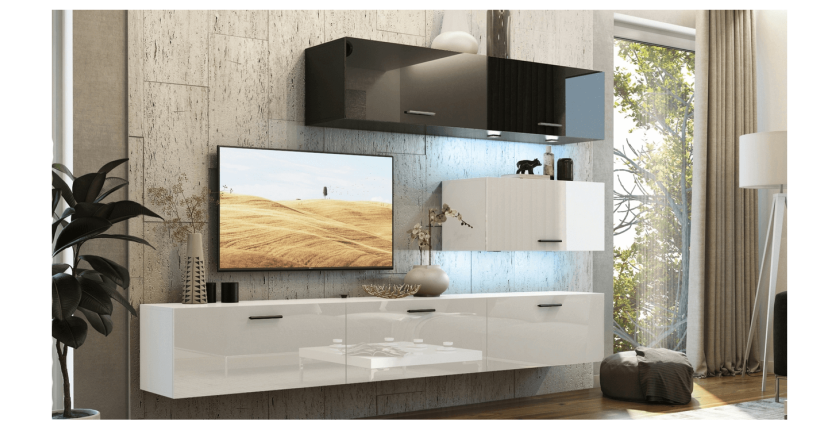 Ensemble de meubles de salon blanc et noir, suspendus collection CEPTO XXV. 249cm, 6 meubles, leds, modulables.
