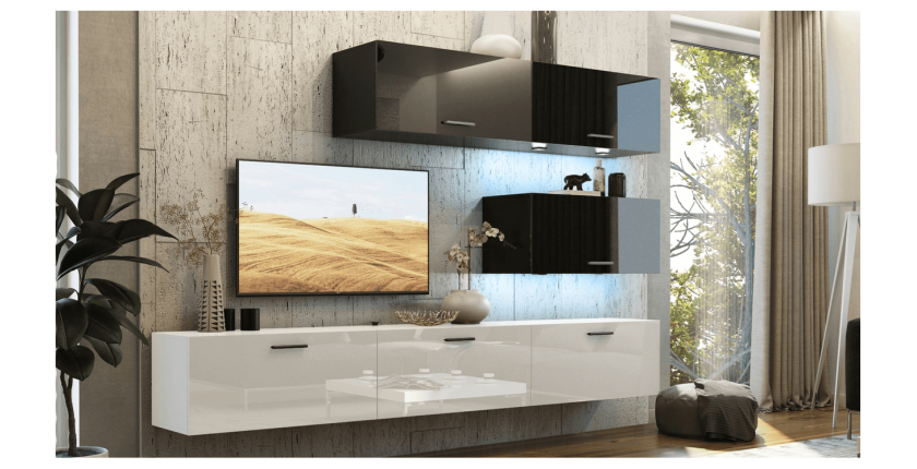 Ensemble de meubles de salon noir et blanc, suspendus collection CEPTO XXV. 249cm, 6 meubles, leds, modulables.