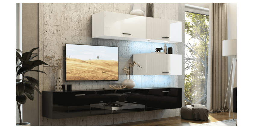 Ensemble de meubles de salon blanc et noir, suspendus collection CEPTO XXV. 249cm, 6 meubles, leds, modulables.