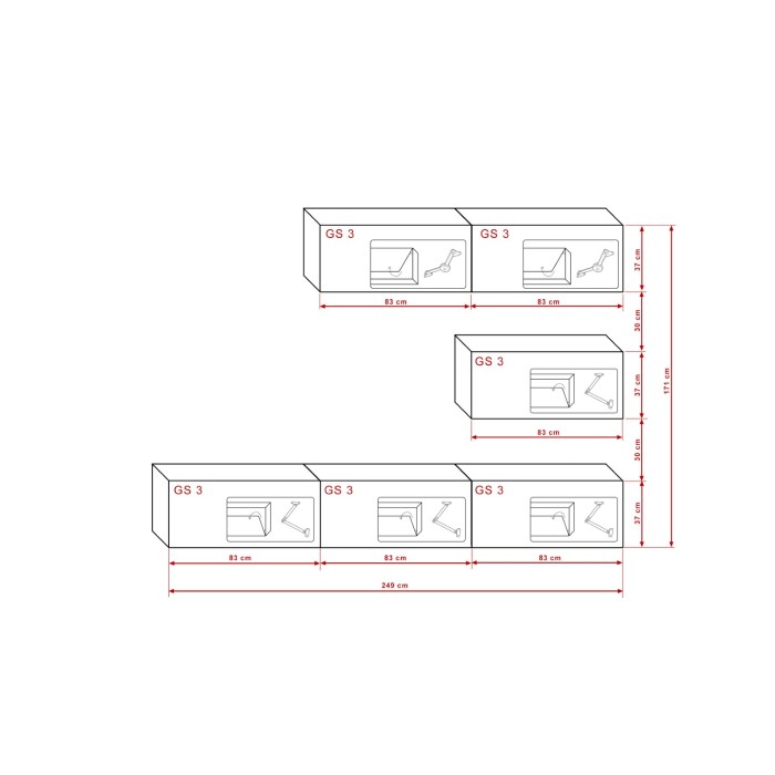 Ensemble de meubles de salon noir et blanc, suspendus collection CEPTO XXV. 249cm, 6 meubles, leds, modulables.