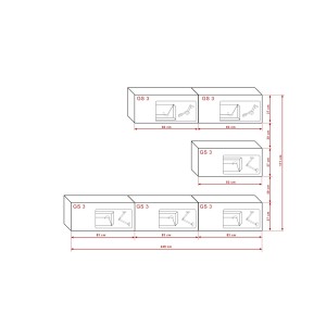 Ensemble de meubles de salon noir et blanc, suspendus collection CEPTO XXV. 249cm, 6 meubles, leds, modulables.