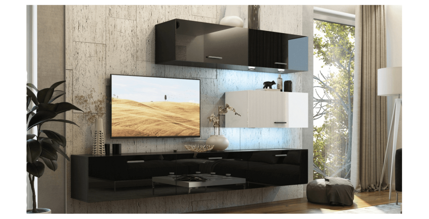 Ensemble de meubles de salon noir et blanc, suspendus collection CEPTO XXV. 249cm, 6 meubles, leds, modulables.