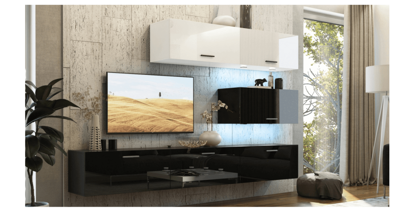 Ensemble de meubles de salon haut blanc et bas noir, suspendus collection CEPTO XXV. 249cm, 6 meubles, leds, modulables.