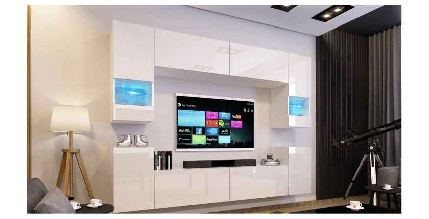 Ensemble de meubles de salon blanc, suspendus collection CEPTO XXVII. 240cm, 8 meubles, leds, modulables.