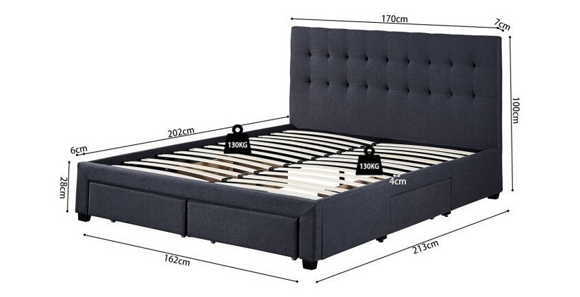 Lit avec 4 tiroirs design coloris gris pour adulte collection INIT, 160x200cm, sommier inclus