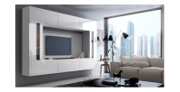 Ensemble de meubles de salon blanc, suspendus collection CEPTO XXVIII. 249cm, 8 meubles, leds, modulables.