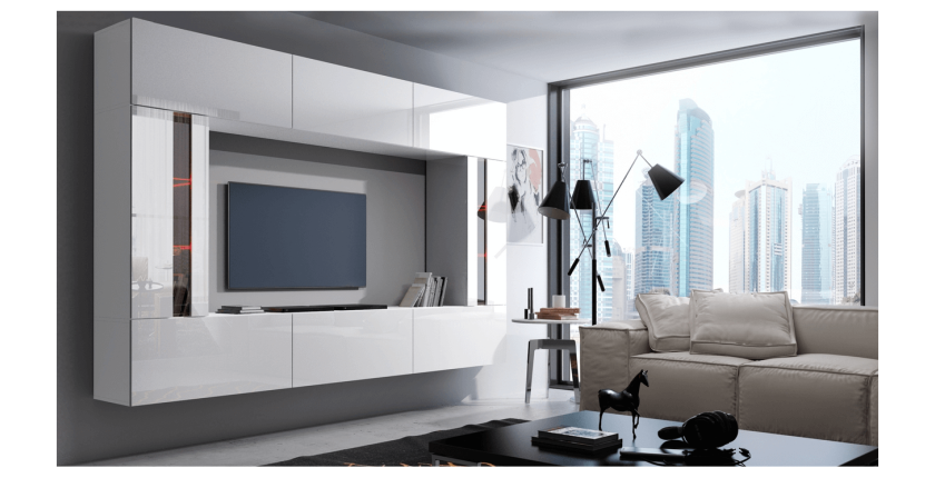 Ensemble de meubles de salon blanc, suspendus collection CEPTO XXVIII. 249cm, 8 meubles, leds, modulables.