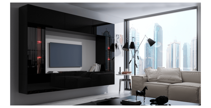 Ensemble de meubles de salon noir, suspendus collection CEPTO XXVIII. 249cm, 8 meubles, leds, modulables.