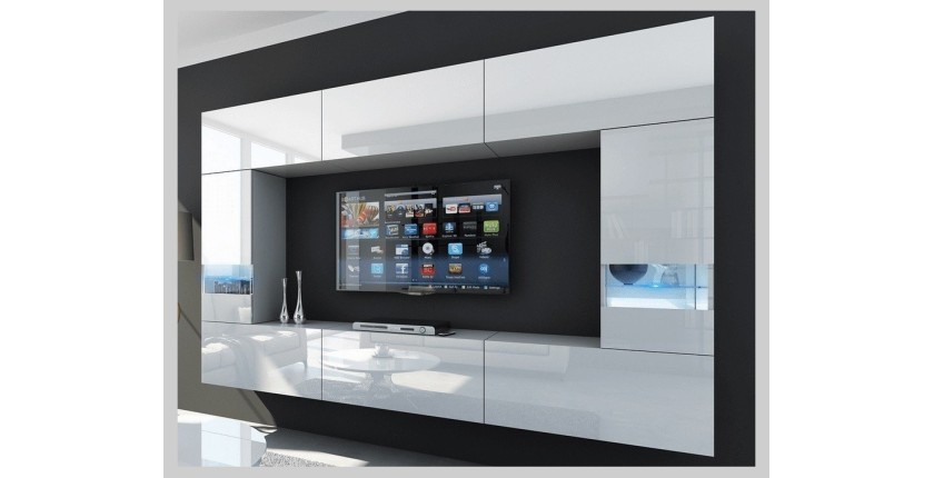 Ensemble de meubles de salon blanc, suspendus collection CEPTO XXIX. 249cm, 8 meubles, leds, modulables.