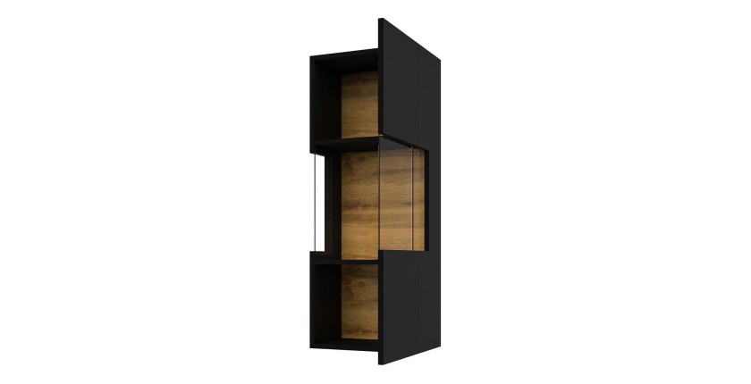 Petite vitrine suspendue 1 porte partiellement vitrée collection EVA. Couleur noir et chêne.