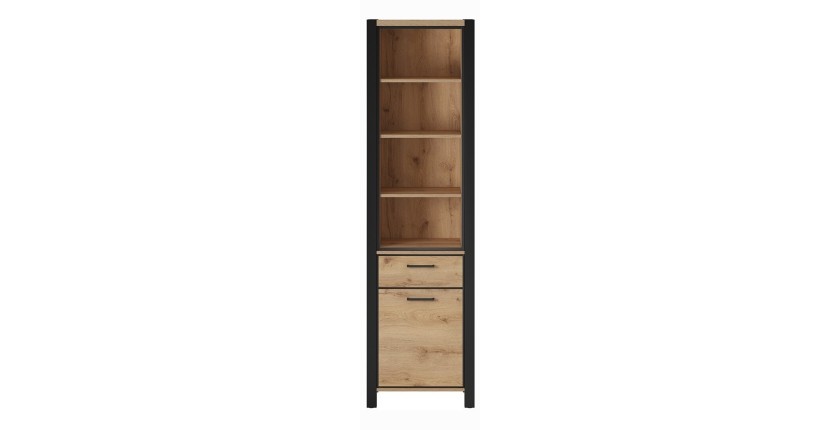 Vitrine haute collection BOWIE. Couleur chêne et noir. LED incluses