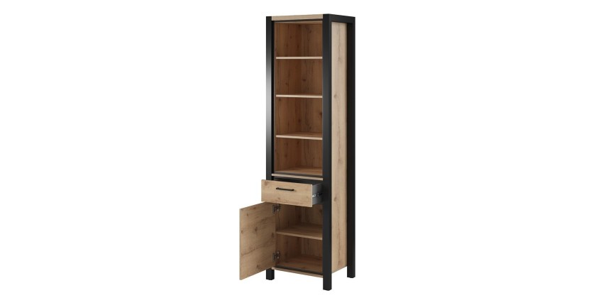 Vitrine haute collection BOWIE. Couleur chêne et noir. LED incluses